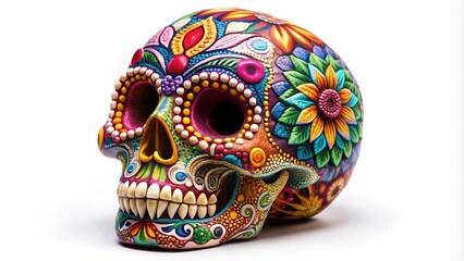 Traditional Calavera Skull with Vibrant Marigold Flowers