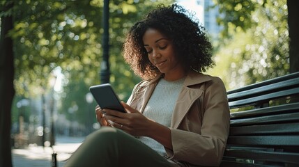 Obraz premium Woman Enjoying Smartphone in Urban Park Setting