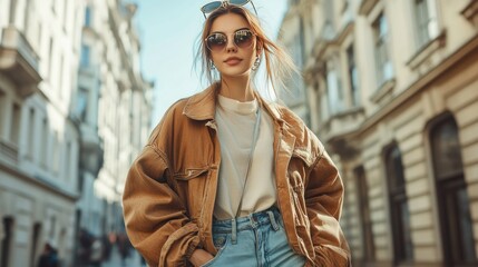 Obraz premium Stylish Woman in Urban Setting with Sunglasses