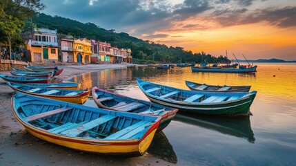 Colorful Boats at Sunset by the Shoreline