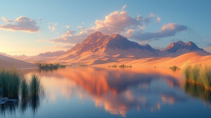 Serene landscape with mountains, water, and soft clouds at sunset.