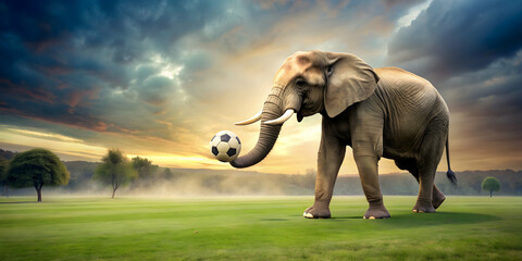 Obraz premium Elephant playing football on a field, elephant, animal, sport, soccer, game, team, fun, entertainment, playful, wildlife, standing