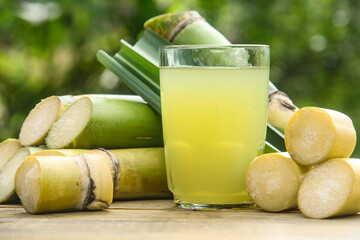 Drink from sugar cane juice, squeezed sugar cane juice with sugar cane stalks and natural background