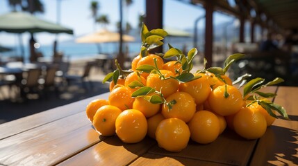 Closeup of naranjilla fruit scattered across colorful outdoor caf table beachside market brightly colored sun umbrella ocean wave softly blurred behind evoking tropical vacation vibe Scientific name