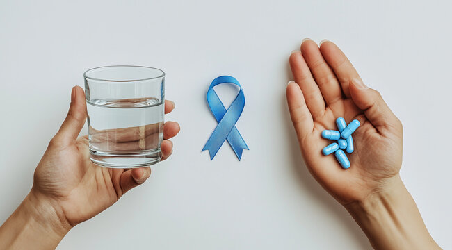 A glass of water with pills and a blue ribbon, created with Generative AI technology.