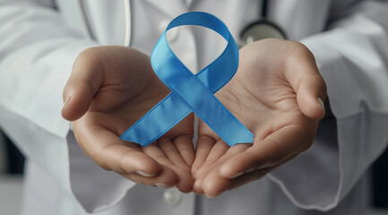 Blue satin ribbon in the hands of a doctor, created with Generative AI technology.