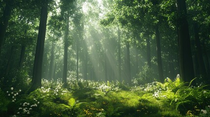 Serene Sunlit Forest with Lush Greenery and Flowers