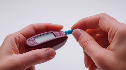 Red glucometer in hands, created with Generative AI technology.