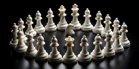White and black chess pieces arranged in a circle on black background, strategy, competition, game, chessboard, pieces