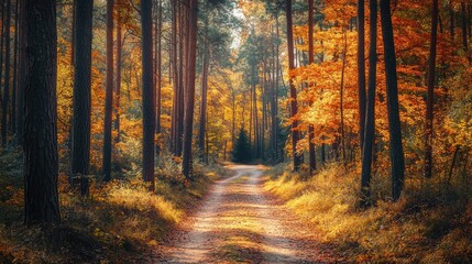 Fototapeta premium Serene Autumn Forest Pathway in Golden Light