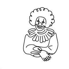 Fototapeta premium Linear vector drawing of a clown with a big collar, lush hair and stars on the eyes, made in a minimalist style.