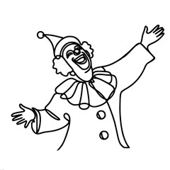 Obraz premium Linear vector drawing of a clown figure with curly hair, a wide smile, a hat with a pompom, large buttons and ruffles, and joyfully spread arms.