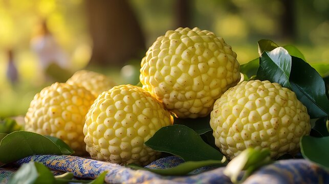 Closeup of osage orange fruits scattered across vibrant picnic blanket sunny park families playing trees softly blurred the background creating a joyful outdoor vibe Scientific name Maclura pomifera