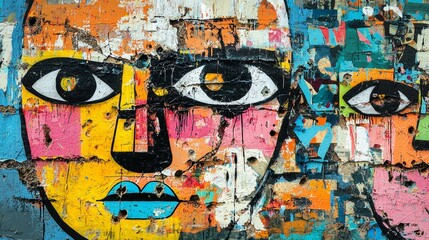 Fototapeta premium Graffiti wall with large faces and exaggerated expressions, bold colors and textured backgrounds