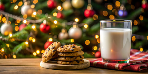 Close-up shot of cookies and milk left out for Santa on Christmas Eve, Santa, cookies, milk, Christmas, holiday, tradition