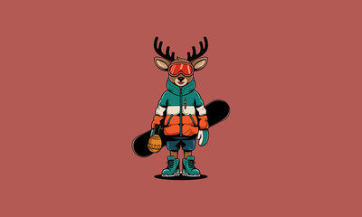 Fototapeta premium Cool deer in winter gear holding a snowboard and drink.