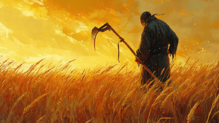 figure stands in golden field of wheat, holding sickle against vibrant sunset. scene evokes sense of tranquility and connection to nature, highlighting beauty of harvest time
