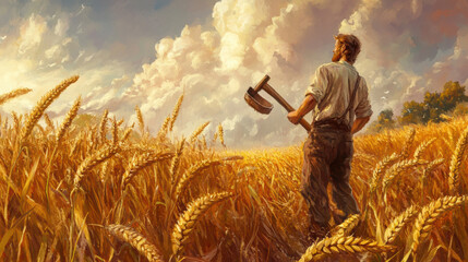 farmer stands in golden wheat field, holding sickle, gazing at beautiful sky filled with clouds. scene captures essence of harvest time and rural life