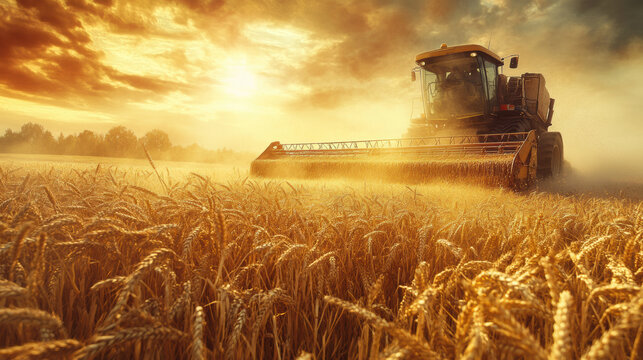 Harvesting grain using threshing machine in golden field at sunset creates stunning agricultural scene filled with warmth and productivity