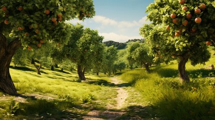 Fototapeta premium A photo of a well-tended orchard with various fruit tree