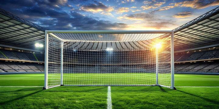 Football goal standing on lush green grass at the stadium, soccer, sports, stadium, field, goal post, green, grass, competition