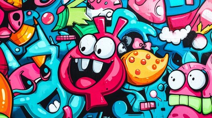 Light-hearted graffiti wall with cartoonish characters, bright and playful colors