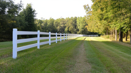 serene landscape featuring long white fence stretching along grassy path, surrounded by lush trees and greenery. peaceful scene invites sense of tranquility and connection to nature