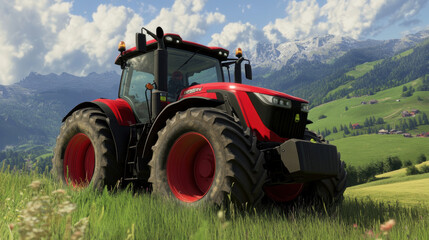 Obraz premium powerful red tractor is parked in lush green field, surrounded by mountains and clear blue sky. This scene captures essence of agricultural work and beauty of nature