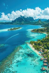 Fototapeta premium Stunning bird's-eye view of Bora Bora's turquoise lagoon, overwater bungalows, expansive sky, ample space for text