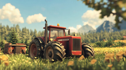 Naklejka premium vibrant red tractor is parked in sunny field surrounded by blooming flowers and lush greenery, with mountains in background, showcasing peaceful rural landscape