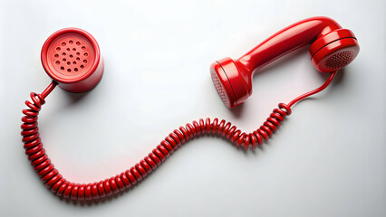 Red vintage phone receiver and wire isolated on background, retro, communication, telephone, old fashioned, nostalgia