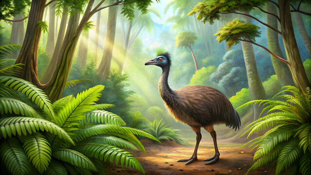 cartoon rendering of a moa bird in ancient New Zealand forest, moa, bird, ancient, New Zealand, forest,cartoon, wildlife