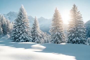 Naklejka premium Serene Winter Landscape with Snow-Covered Trees and Mountains, Sunlight Shining Through Frosty Spruces