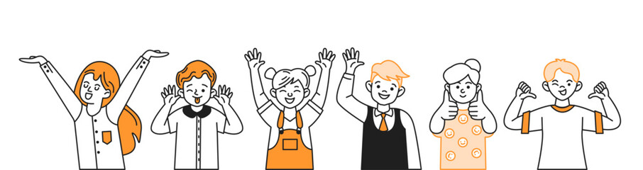 Group of children expressing emotions color line vector icons set. Preteen kids show mood with variety of hand gestures on white background