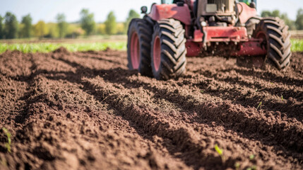 Obraz premium Turning soil using rotavator, this image captures essence of agricultural work. tractors powerful wheels create distinct furrows in rich, dark earth, showcasing preparation for planting