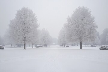 Fototapeta premium Snow-Covered Trees in the Distance with White Sky and Snowy Ground, Wide Shot in Daylight