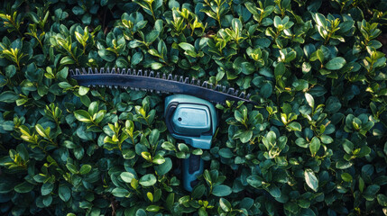 hedge trimmer rests on lush green hedge, showcasing its sharp blade and ergonomic design. This tool is essential for maintaining neat and tidy hedges in any garden