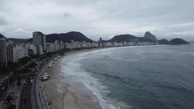 V&iacute;deo a&eacute;reo da praia de Copacabana, Rio de Janeiro, em um dia nublado, destacando o cal&ccedil;ad&atilde;o ondulado, o mar tranquilo, a areia dourada e o contraste entre a cidade e o clima cinzento