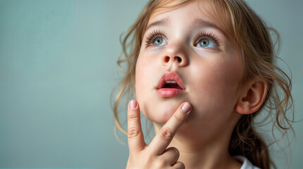 Naklejka premium A young blond female adolescent child looking upwards with a sense of wonder and curiosity. Copy space.
