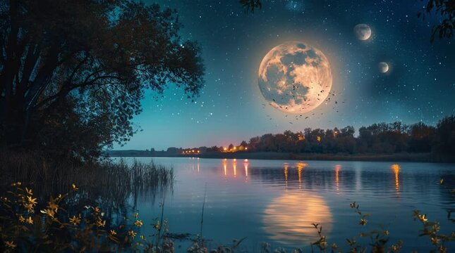 Tranquil lake beside a charming town at night, illuminated by the soft glow of a full moon.
 Seamless looping 4k time-lapse virtual video animation Generated AI