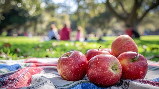 Closeup of rose apples placed picnic blanket colorful public park children playing families enjoying day softly blurred in the background promoting a fresh outdoor vibe Scientific name Syzygium jambos