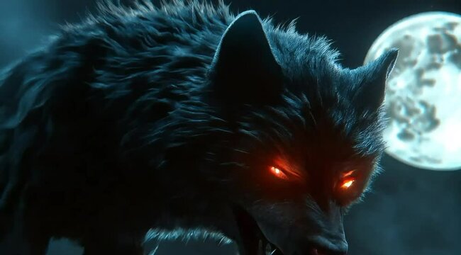 A werewolf howling at the full moon, with detailed fur and glowing red eyes, standing on a rocky hilltop.