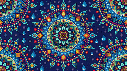 Fototapeta premium Abstract colorful geometric pattern with intricate shapes and raindrops on a dark blue background , vibrant, bright