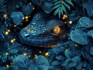 Basilisk slithering through a luminescent jungle glowing eyes illuminating its path,