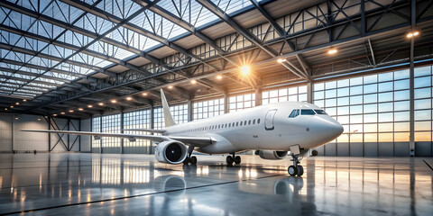 Naklejka premium Airplane parked in a hangar inside an airport , aviation, aircraft, travel, transportation, storage, hangar, runway, maintenance