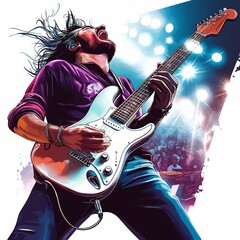 A Passionate Guitarist Rocks the Stage, Captivating the Audience with Electric Energy and Soulful Melodies, Under Bright Lights and an Electrifying Atmosphere of Music and Emotion.