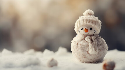 Obraz premium Cute Snowman with Knitted Hat and Scarf in Snow