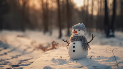Fototapeta premium Happy Snowman in Winter Forest