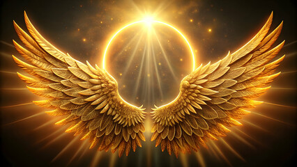 Gold angel wings with intricate feather details and a glowing halo, angel, wings, gold,feathers, glowing, halo, celestial