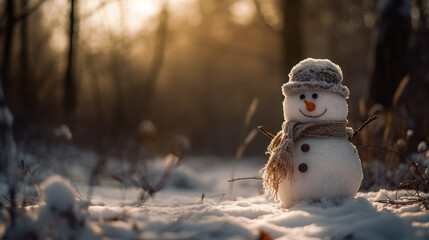Obraz premium Snowman In A Winter Forest At Sunset